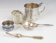 Continental and similar silver items comprising Russian enamel decorated salt, christening mug