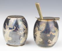 Thai silver mustard and pepper with niello decoration, height 4cm, weight 87g including glass