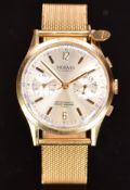 Monvis 18ct gold gentleman's chronograph wristwatch with gold hands and hour markers, silver dial