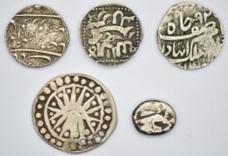 Five ancient silver coins to include Indian States Persia 350 BC and a medieval Burmese symbolic