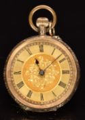 Continental 14ct gold keyless winding open faced pocket watch with blued hands, black Roman