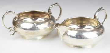 George VI hallmarked silver sugar bowl and milk jug, London 1937, maker F T Ray & Co, width of