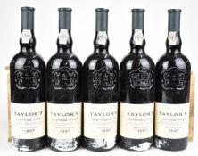 Five bottles of Taylor's 1997 vintage port, 75cl, in original wooden case