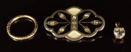 A 9ct gold pendant set with cubic zirconia, Catherina Papasco brooch and a Victorian engraved loop
