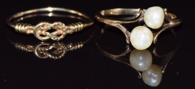 Two 9ct gold rings, one a lover's knot the other set with two pearls, 2.4g, size L