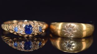 Two 18ct gold rings, one set with sapphires the other a diamond, 5.2g, size K
