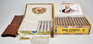 A box of fifty King Edward Imperial cigars, five Romeo Y Julieta cigars in tubes, leather cigar