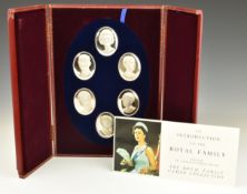 Cased set of six hallmarked silver Royal Family Cameo Collection medallions by John Pinches, maximum
