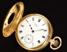 P S Bartlett Waltham 18ct gold keyless winding half hunter pocket watch with inset subsidiary