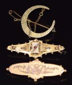 Victorian 9ct gold crescent brooch with engraved floral decoration, Edwardian 9ct gold sweetheart
