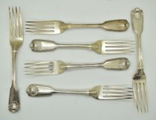 Set of six William IV or Victorian hallmarked silver Fiddle Thread and Shell pattern table forks,