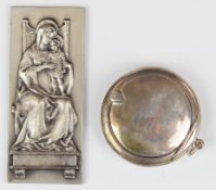 Religious silver plaque marked 800, length 9cm together with a hallmarked silver compact, weight