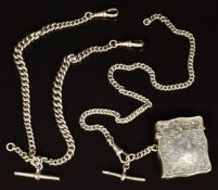 A hallmarked silver double Albert/ watch chain, a silver Albert/ watch chain and a silver vesta