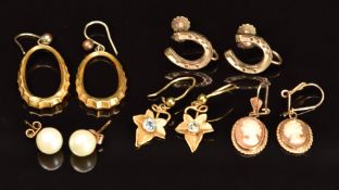 Five pairs of 9ct gold earrings, including horseshoes, hoops, cameos and ivy leaves set with paste