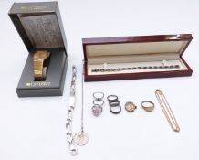 A silver identity bracelet, two silver rings, costume rings, 9ct gold watch, bracelet and silver