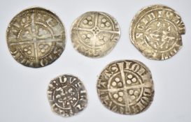 Five hammered silver coins including Edward I halfpenny and pennies, Edward II penny etc