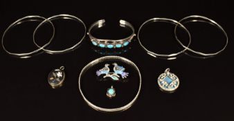 Navajo silver bangle set with turquoise and pendant, Art Deco enamel and paste pendant, silver