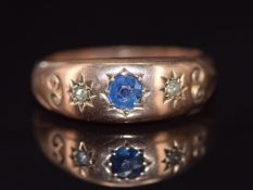 Edwardian 9ct rose gold ring set with sapphire and diamonds, 4.2g, size M