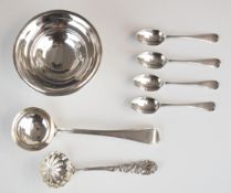 Hallmarked silver bowl raised on three feet together with various Georgian and later cutlery