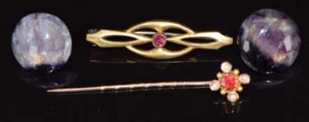 A pair of blue john earrings, 9ct gold stick pin set with a garnet and seed pearls (1g) and