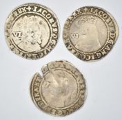 Three James I (1603-25) hammered silver sixpences comprising 1604, 1605 and 1606 examples