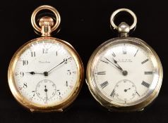 Two open faced pocket watches a Trenton gold plated keyless winding example and a Waltham hallmarked