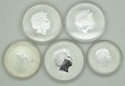 Five Australian silver coins comprising 1oz 2015 Year of the Goat, 1oz 2010 Year of the Tiger, 1oz