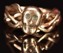 Victorian 9ct rose gold puzzle ring with skull decoration, 6.7g, size T