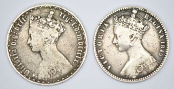 1849 Queen Victoria godless florin, WW inside circle, together with an 1860 Gothic example