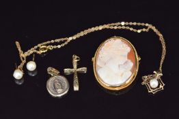 A 9ct gold brooch set with a cameo (6.1g), 9ct gold pendant set with a pearl (1.6g), a pair of 9ct