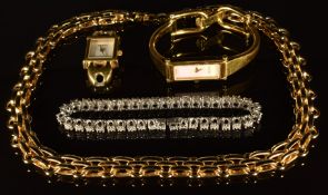 Two Gucci watches, Christian Dior necklace and a silver bracelet set with diamonds