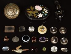 A pietra dura plaque with locket compartment verso, tortoiseshell brooch, garnets, jet pendant,