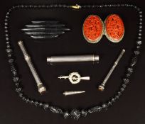 Chinese cinnabar lacquer buckle, propelling pencils including hallmarked silver Mordan Everpoint