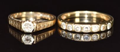 Two gold rings, one set with cubic zirconia the other a diamond, 4.1g, size J & Q