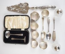 Six Victorian and later hallmarked silver napkin rings, hallmarked silver butter knife, Irish