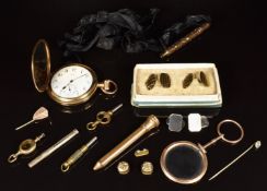 Waltham gold plated pocket watch, paste set stick pin, pocket watch keys, propelling pencils