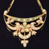 Edwardian 9ct gold necklace set with demantoid garnets and seed pearls on original 9ct gold chain,