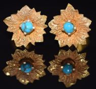 A pair of 18ct gold earrings in the form of a flower set with turquoise, 2.7g