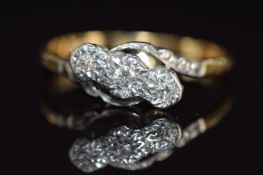 Art Deco 18ct gold ring set with three diamonds in a platinum twist setting, 2.8g, size P