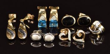 Six pairs of 9ct gold earrings, one pair set with topaz and diamonds, onyx etc, 10.9g
