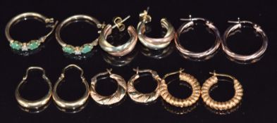 Six pairs of 9ct gold hoop earrings including emerald and diamonds, rose gold, twist and textured