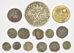 Roman coins together with two 18thC coins, 1725 Norwegian four mark and a 1754 George II farthing