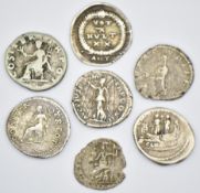 Seven Roman silver coins to include Arcadius, Antonius Pius and Septimus Severus, all around 18mm