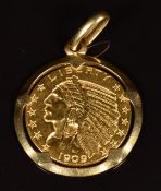 A 1909 five dollar Liberty gold coin in gold mount, 11.2g