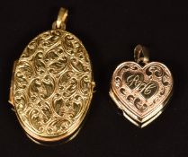 Two 9ct gold lockets, one in the form of a heart, length of longest 4cm, weight of both 6.9g