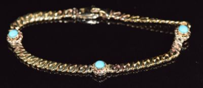 A 9ct gold bracelet set with turquoise cabochons, length 19cm, 12.3g