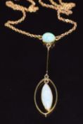 Edwardian 15ct gold necklace set with an oval and marquise cut opal cabochon, 4.3g