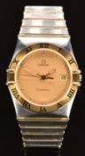 Omega Constellation gentleman's wristwatch with date aperture, luminous hands, gold dial, back Roman