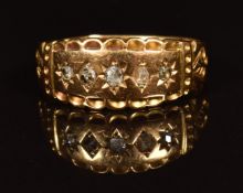 Victorian 18ct gold ring set with five rose cut diamonds, Chester 1897, in vintage box, 2.9g