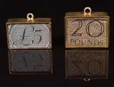 Two 9ct gold charms set with £5 and £20 banknotes, 8.5g